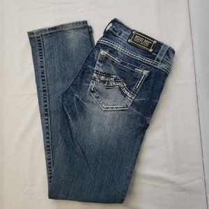 Miss Me Womens Easy Cropped Straight Leg Jeans Blue Thick Stitch Embellished 27